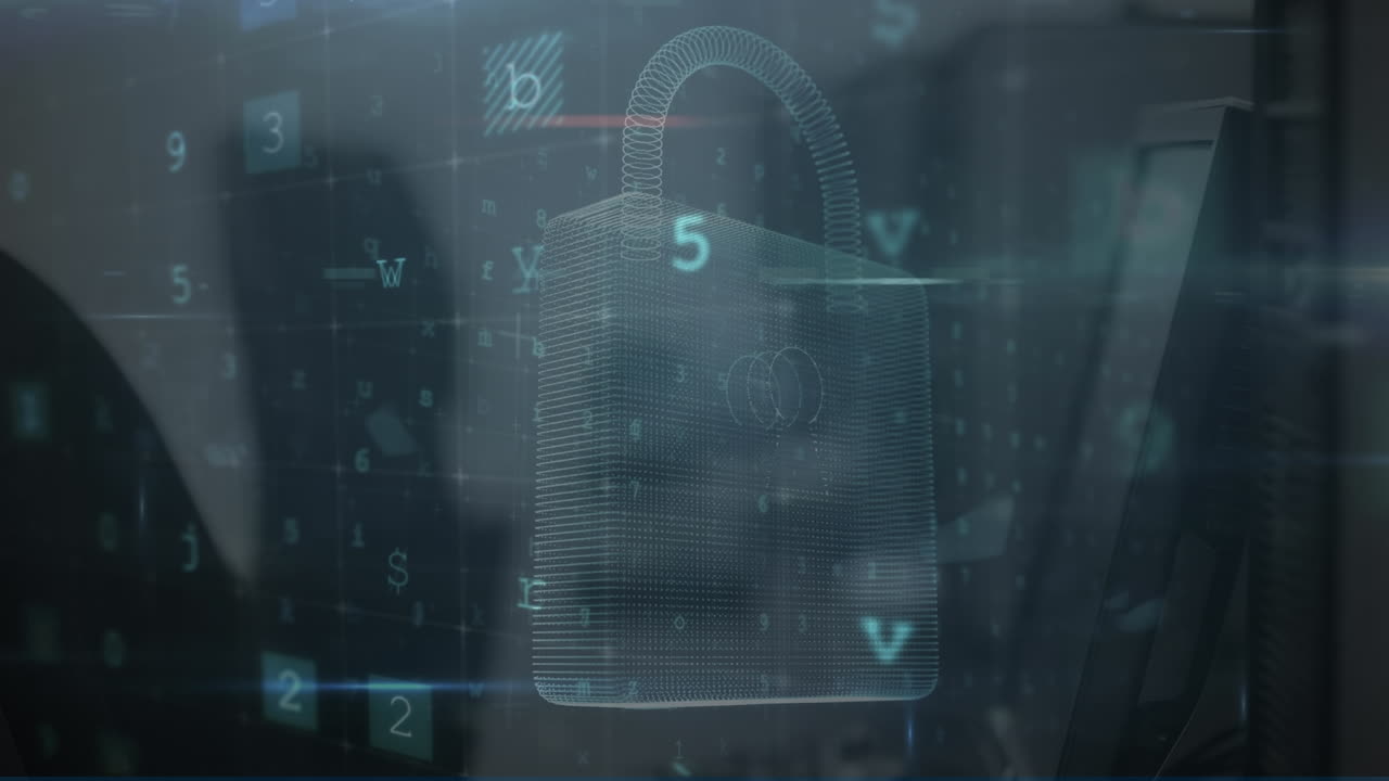 animación de candado digital, escaneo y advertencia a través de computadoras en la oficina