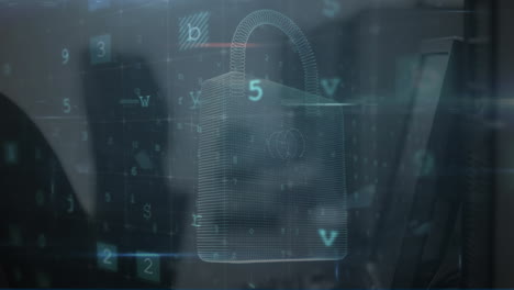 Animation of digital padlock, scanning and warning over computers in office