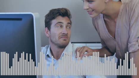 audio waveform animation overlaying coworkers interacting at office desk