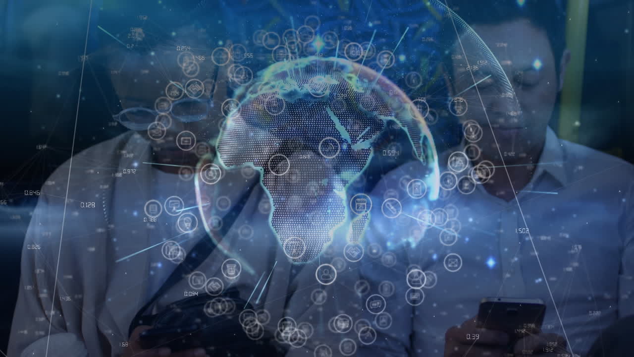 una red de conexión que forma un globo contra dos hombres que usan teléfonos inteligentes y tabletas digitales