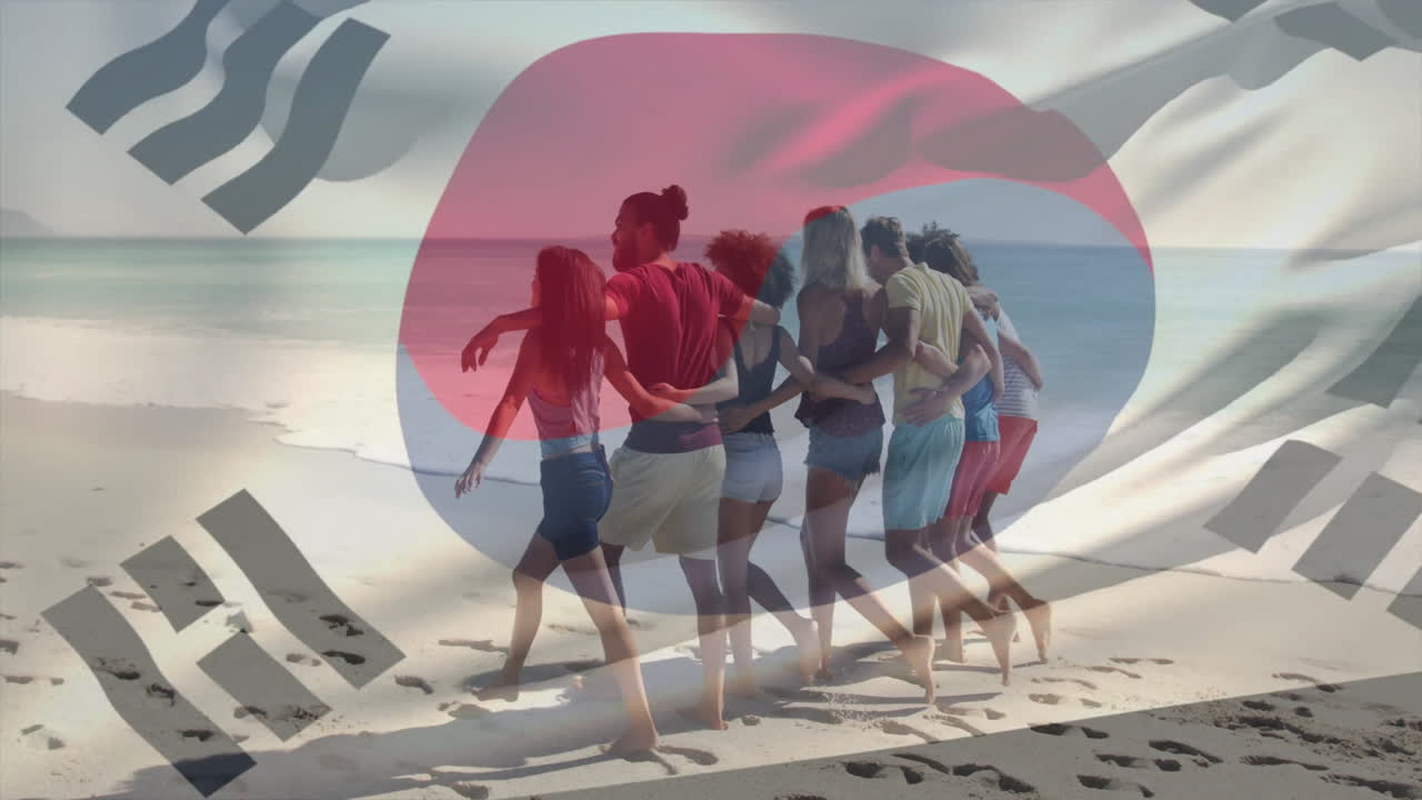 Walking on beach, friends with animation of abstract shapes surrounding them