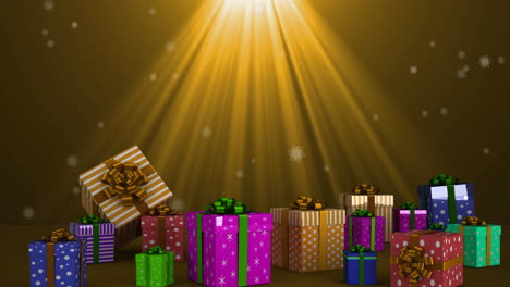 animation of christmas presents and snow falling on brown background