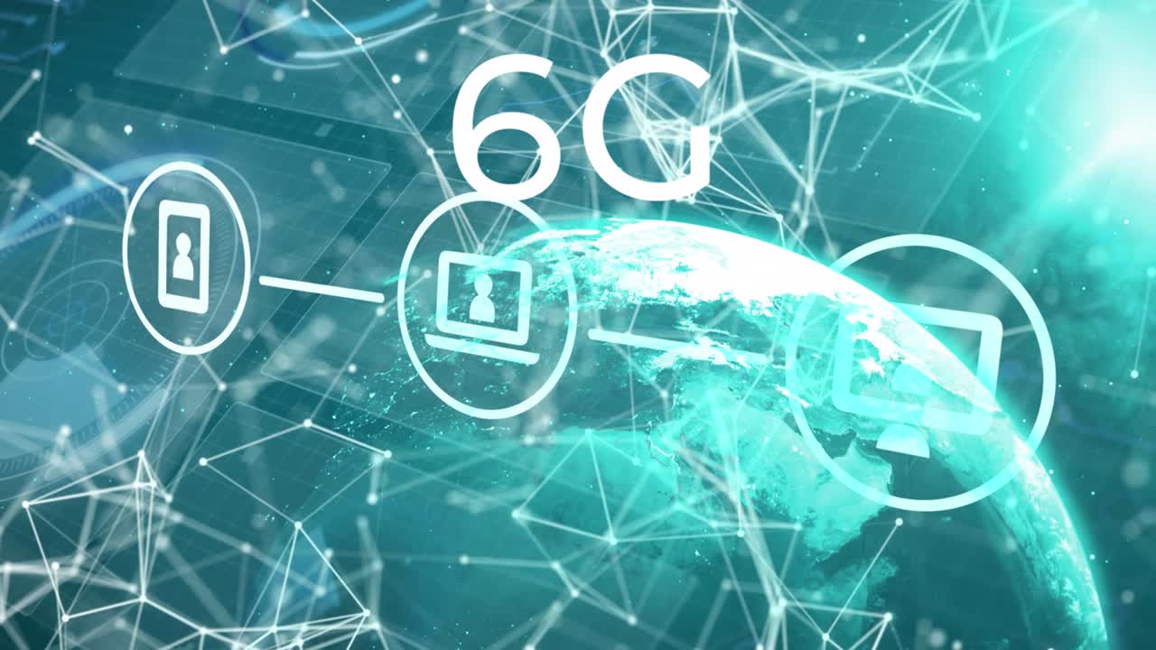 animación del procesamiento de datos financieros y texto 6g en todo el mundo
