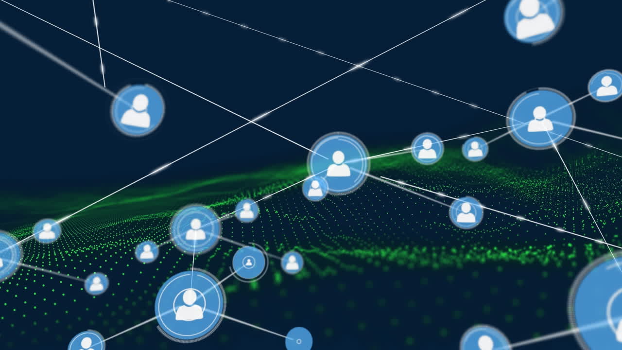 Animation of network of connections with digital people icons over green mesh