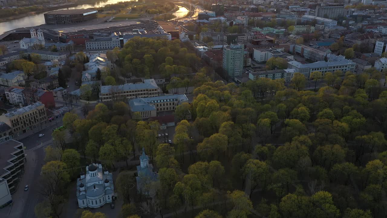 Drone aerial view of park ir Kaunas, Lithuania. Spring season. Sunset time.