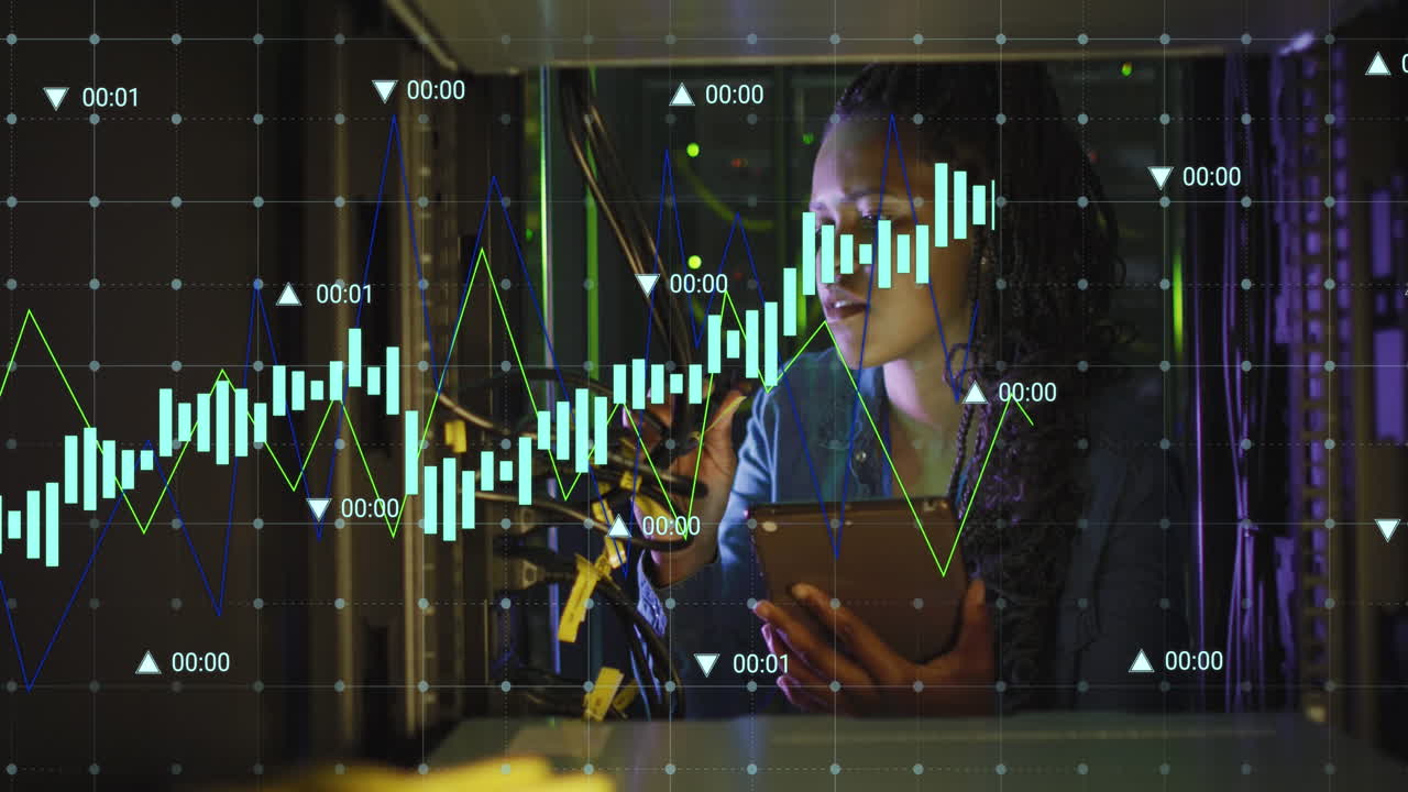 Animation of data processing over african american woman using tablet in server room