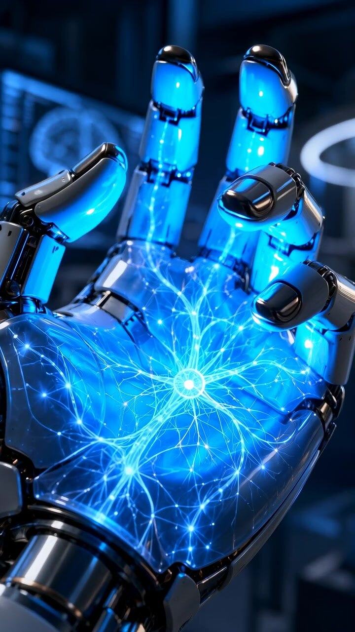Una vista ravvicinata segue dita di metallo articolate che si muovono verso l'interno mentre una luce blu elettrico e motivi simili a una rete si intensificano sul palmo, incorniciati in un ambiente futuristico in penombra