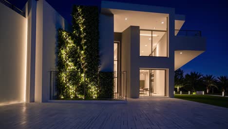 luxurious dubai villa exterior showcasing an illuminated vertical garden at night, highlighting modern architecture and landscaping design, creating a sophisticated ambiance