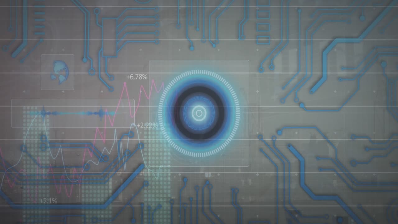 animación de conexiones de escáner redondo y microprocesador contra una vista aérea del paisaje urbano.