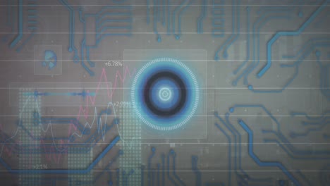 animation of round scanner and microprocessor connections against aerial view of cityscape