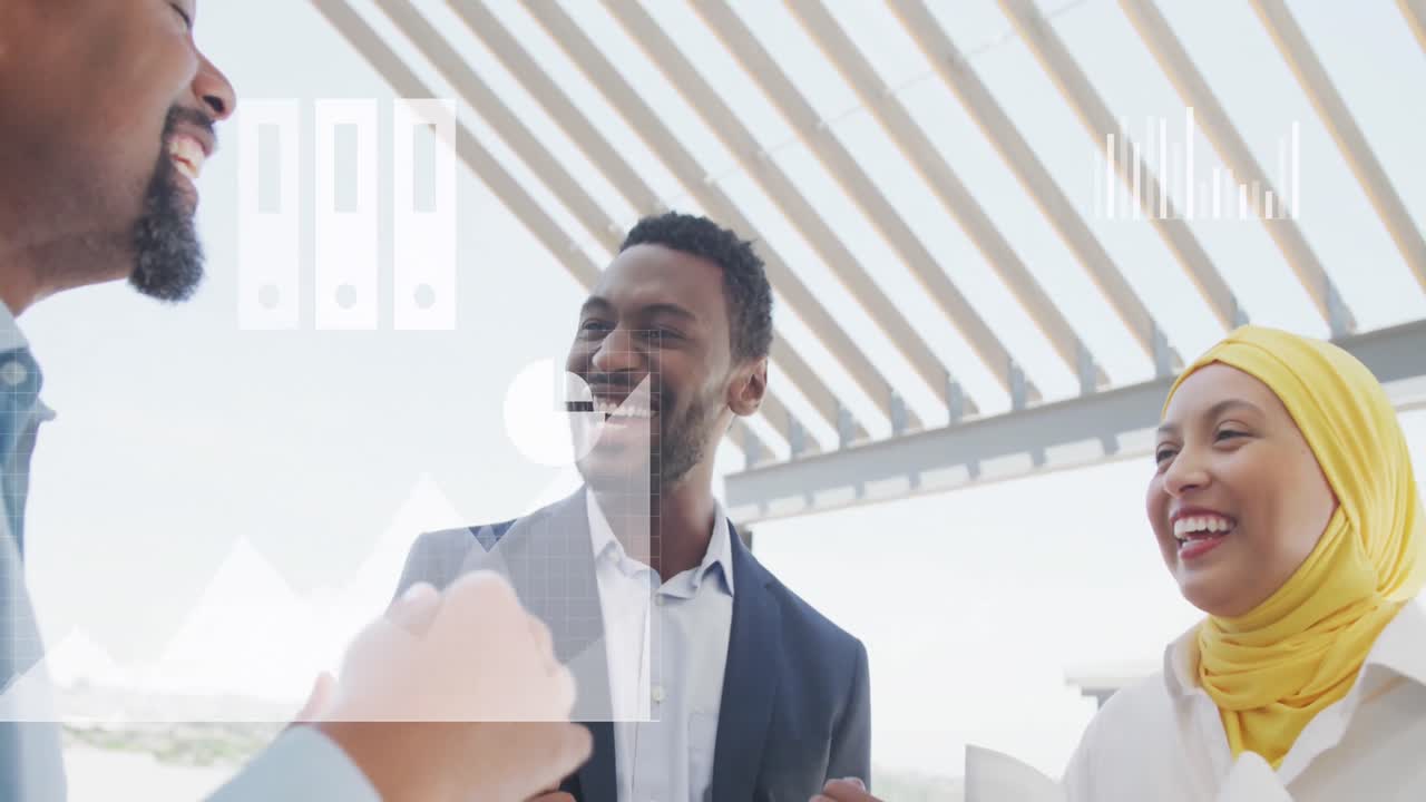 Animation of financial data processing over diverse business people in office