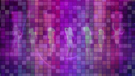 silhueta de pessoas dançando sobre equalizador de música contra quadrados de mosaico
