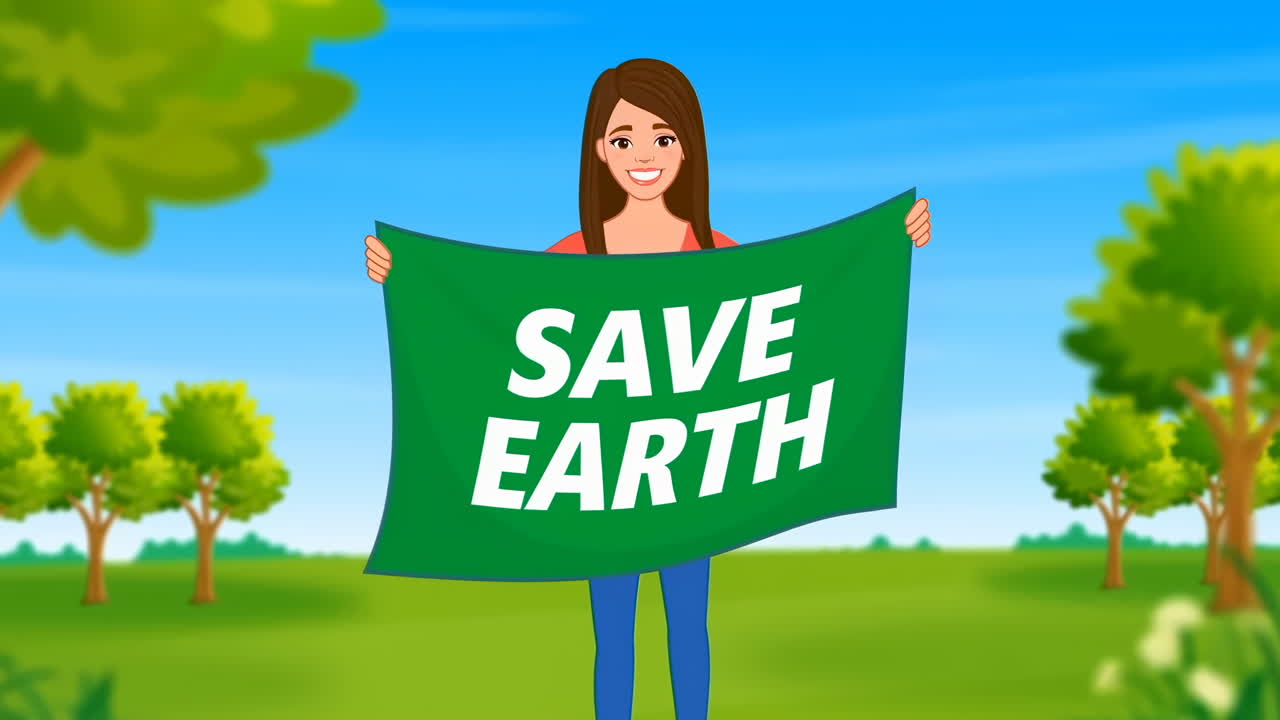 Animated Woman Holding 'Save Earth' Banner in Green Landscape