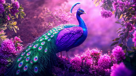 a vibrant and colorful peacock surrounded by beautiful blossoming purple flowers in nature