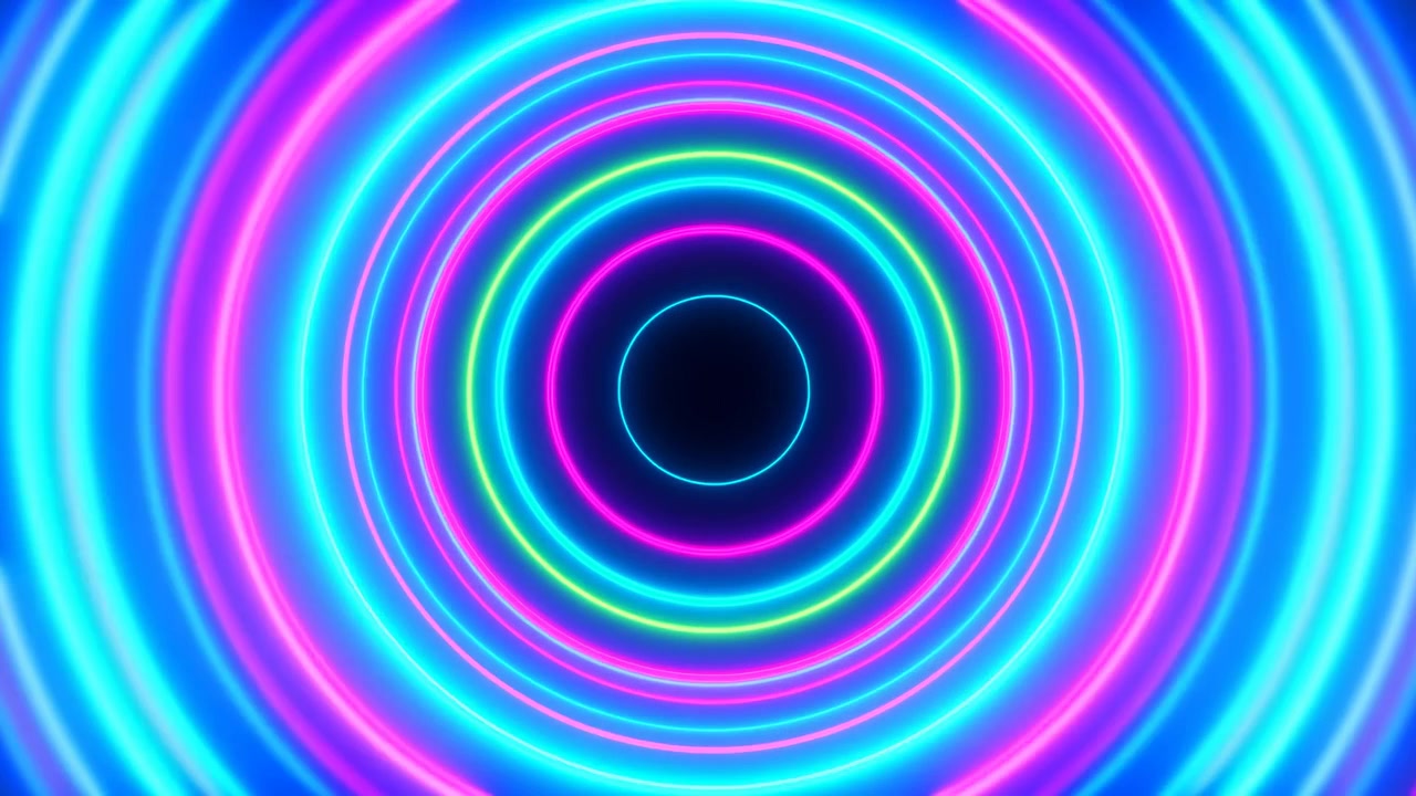 Tunnel ad anelli concentrici al neon con cerchi ciano e magenta luminosi che collassano verso un centro nero, stile retrò.