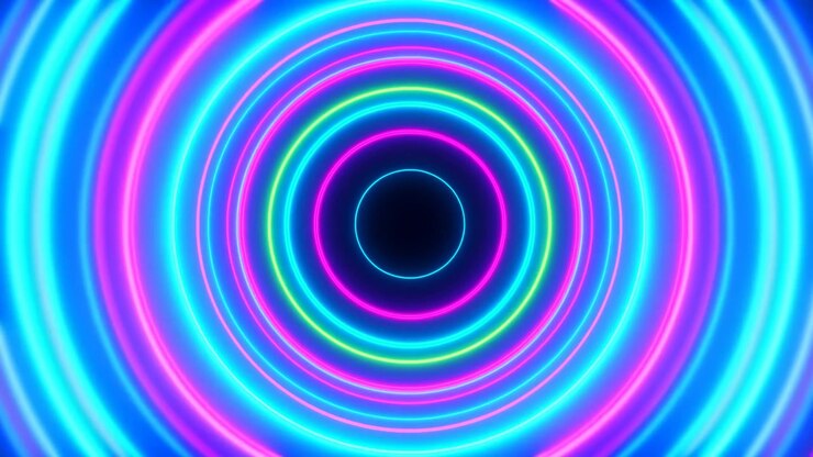 Loop de Túnel de Anéis Concêntricos de Néon com Círculos Ciano e Magenta Brilhantes Colapsando em um Centro Preto, Retrô