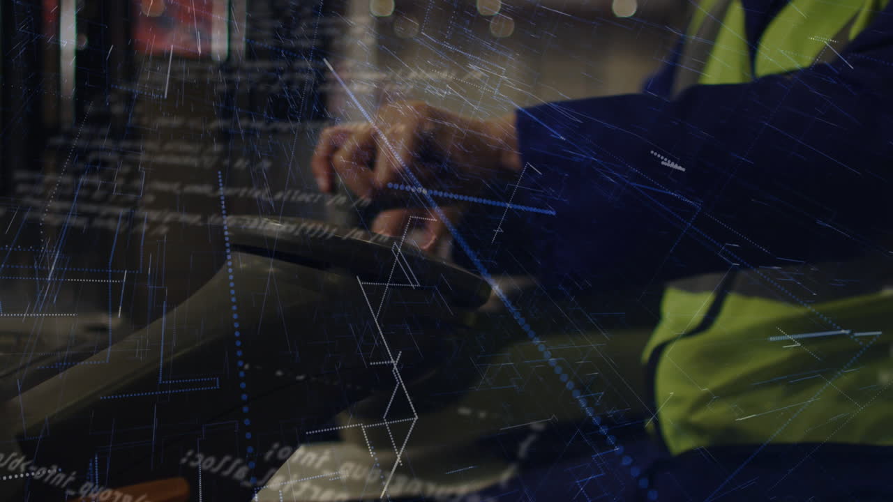 Animation of statistics and data processing over biracial man working in warehouse