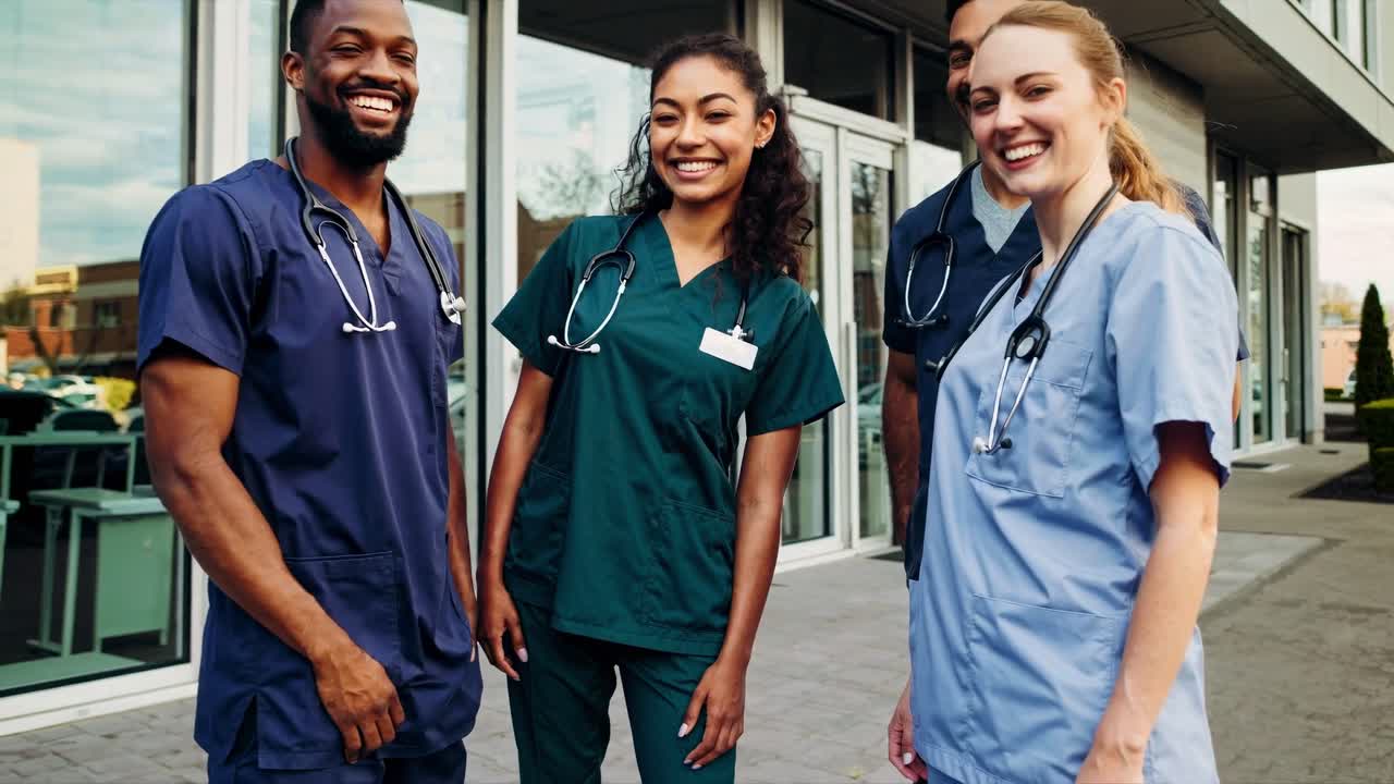 A group of healthcare professionals in scrubs smiling outside a hospital