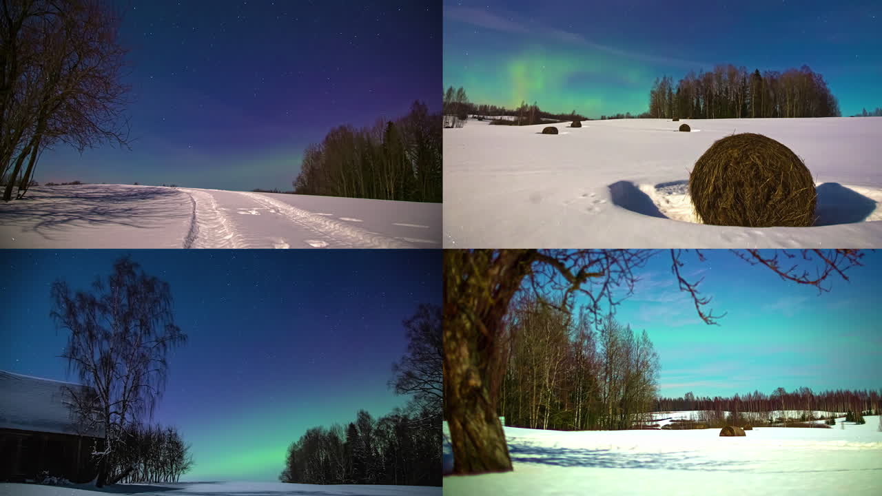 Shot of four split screen of snow covered white winter countryside in timelapse with aurora borealis in the background at daytime