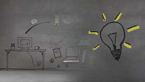 Animation-of-lightbulb-and-office-with-office-icons-over-grey-background