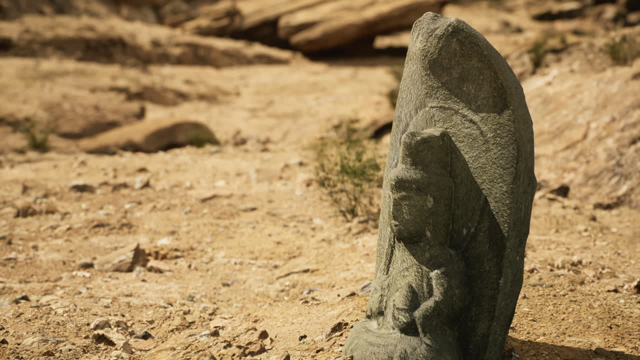 Ancient stone carving depicting historical figure in arid landscape
