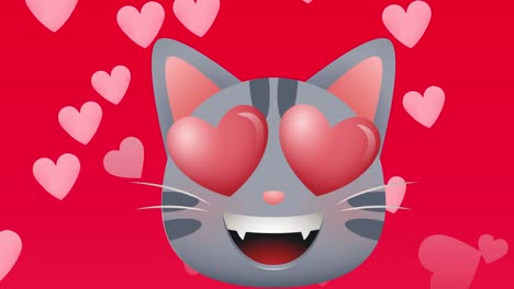 animación de un gato con ojos de corazón sobre corazones rosados moviéndose sobre un fondo rojo