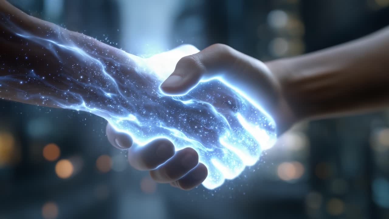 A Captivating Moment of Connection: Two Hands Grasping Each Other with a Magical Ethereal Light, Signifying Unity and Shared Energy in a Mystical Setting