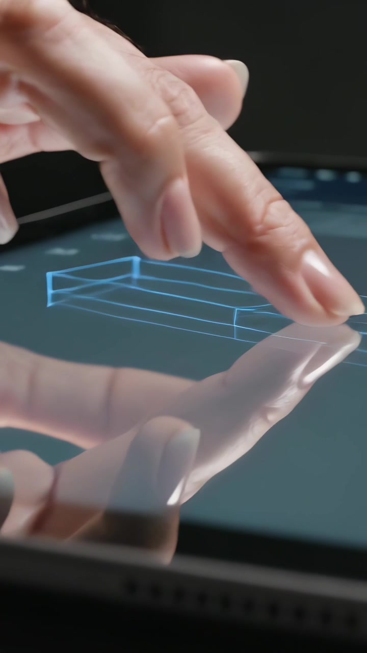 Video verticale: Dito indice che tocca un tablet in uno studio, una mano che trascina un wireframe blu in rotazione.