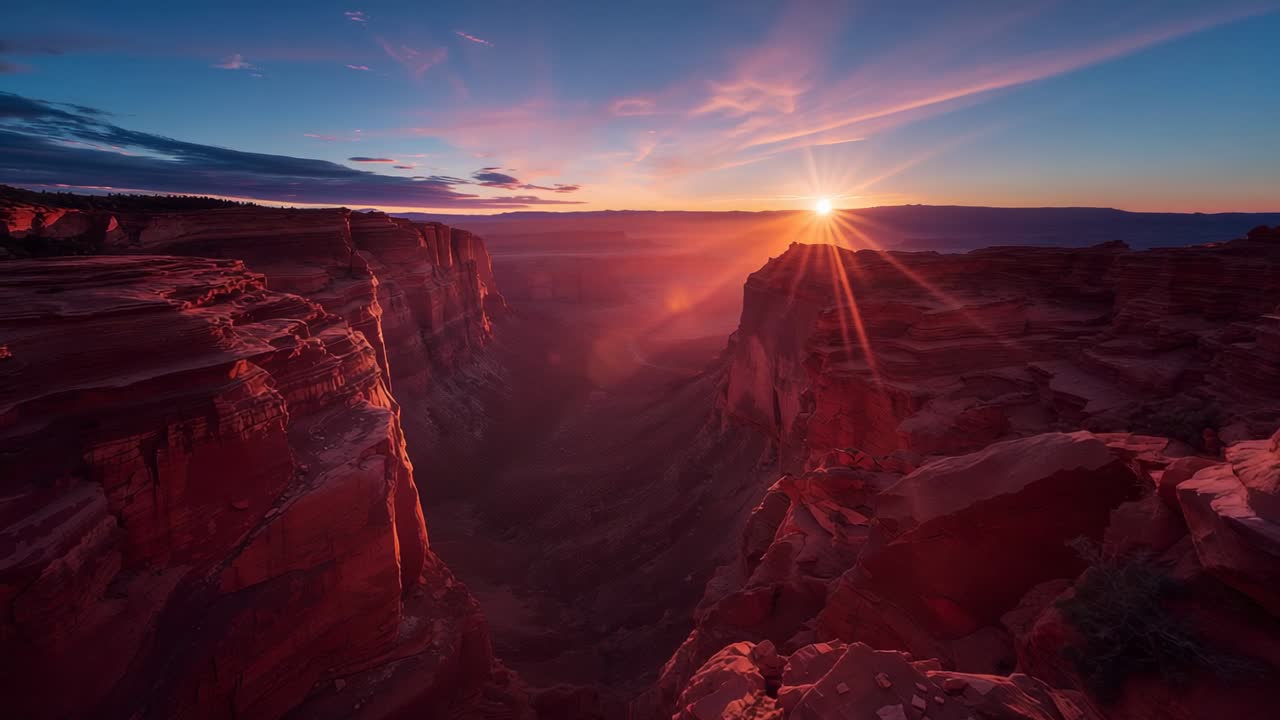 Thin orange dawn band heralding sun casting beams over sandstone rim at sunrise, with wispy clouds