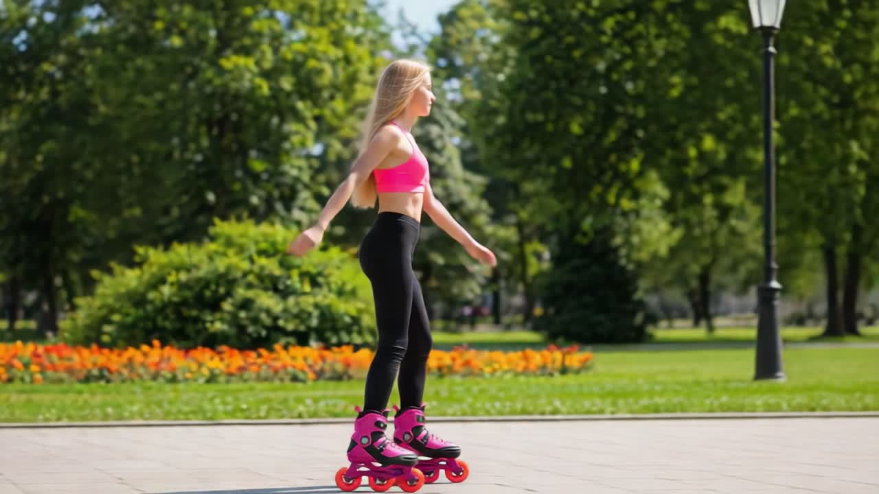 A young woman rollerblading in a park on a sunny day
