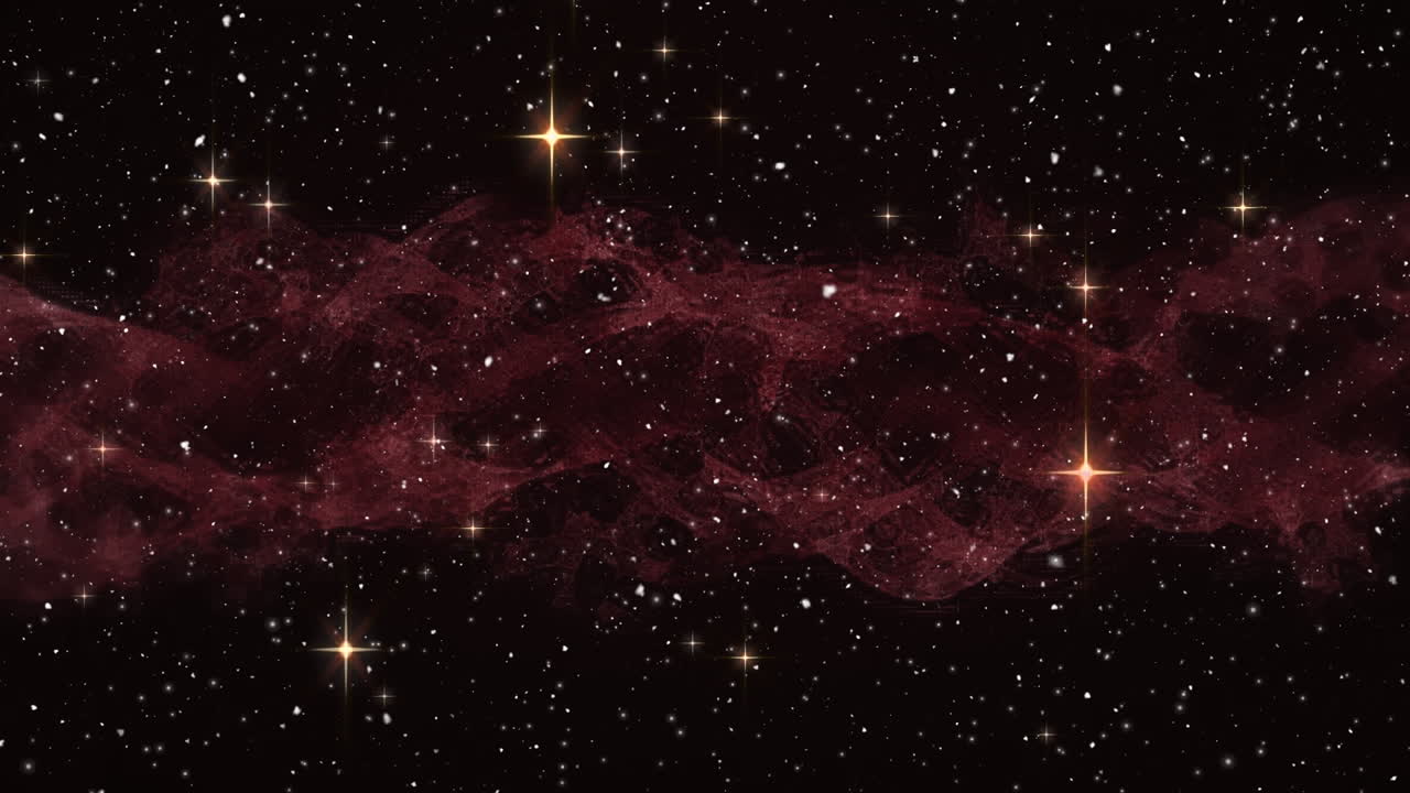 검은 바탕에 황금빛 빛나는 별에 맞춰 빨간색 디지털 파도 위에 눈이 내리고 있습니다.