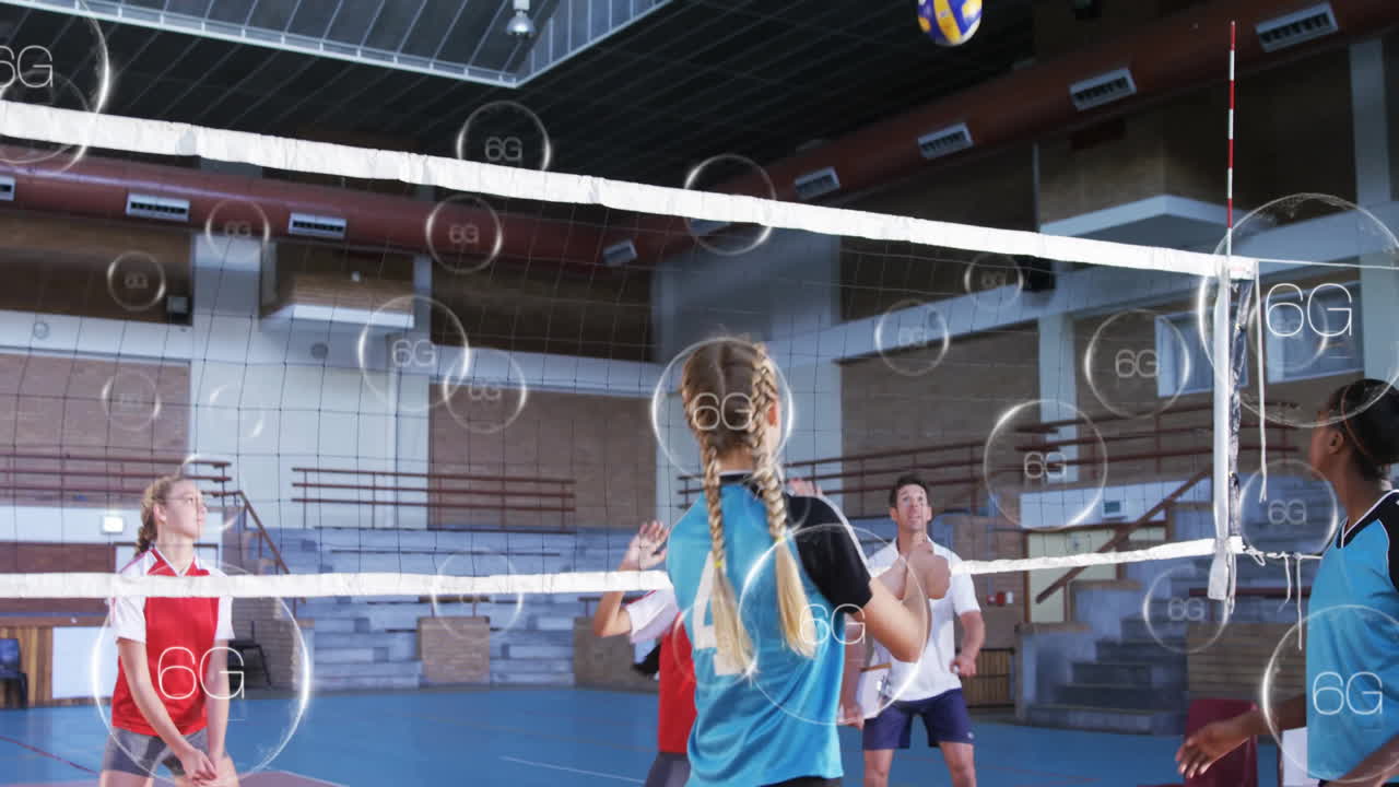 Volleyball players in gym with 6G network connectivity animation overlay