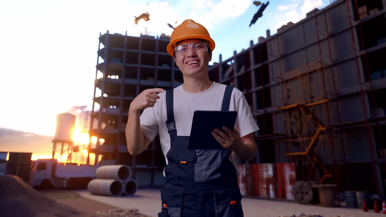 un trabajador asiático señala una tableta en su mano en un sitio de construcción