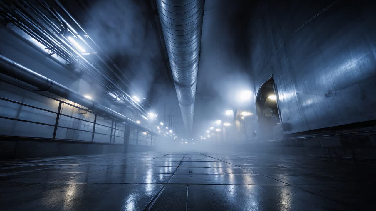 A Mysterious Industrial Corridor Shrouded in Fog and Illuminated by Dim Lights, Creating an Eerie and Atmospheric Scene Captured in Two Distinct Frames