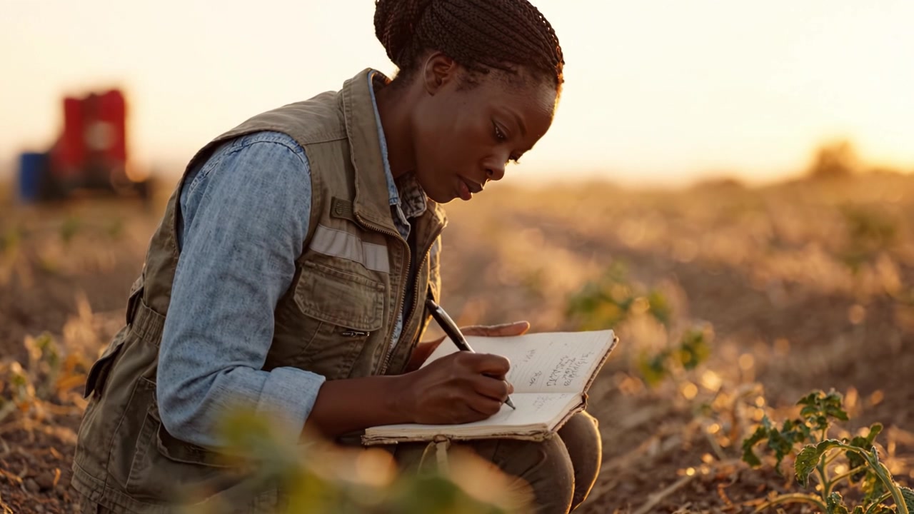 Un ricercatore dedicato che documenta osservazioni agricole in un campo illuminato dal sole, sottolineando l'importanza dell'agricoltura sostenibile e della consapevolezza ambientale
