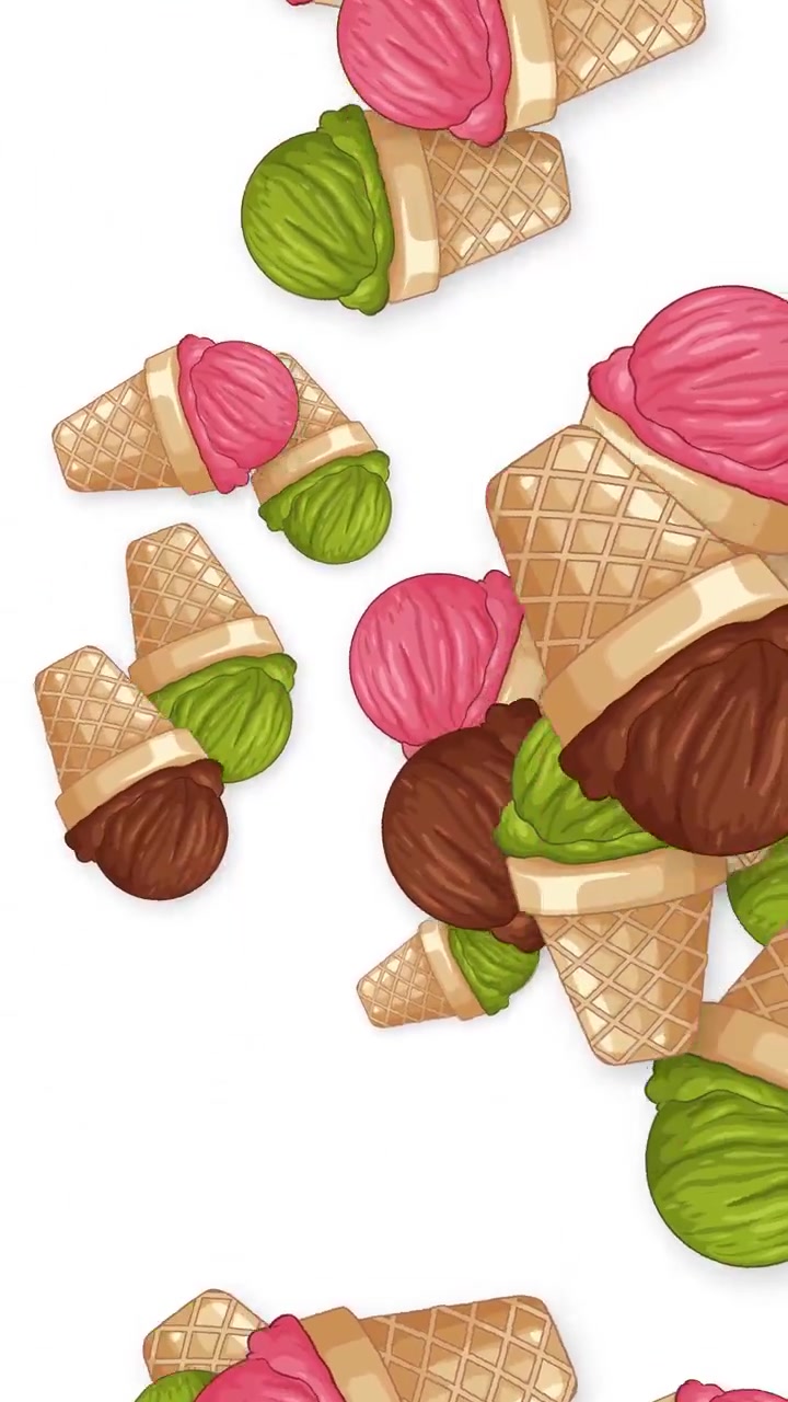 Coni gelato animati al cioccolato, fragola e pistacchio che esplodono e cadono su sfondo bianco