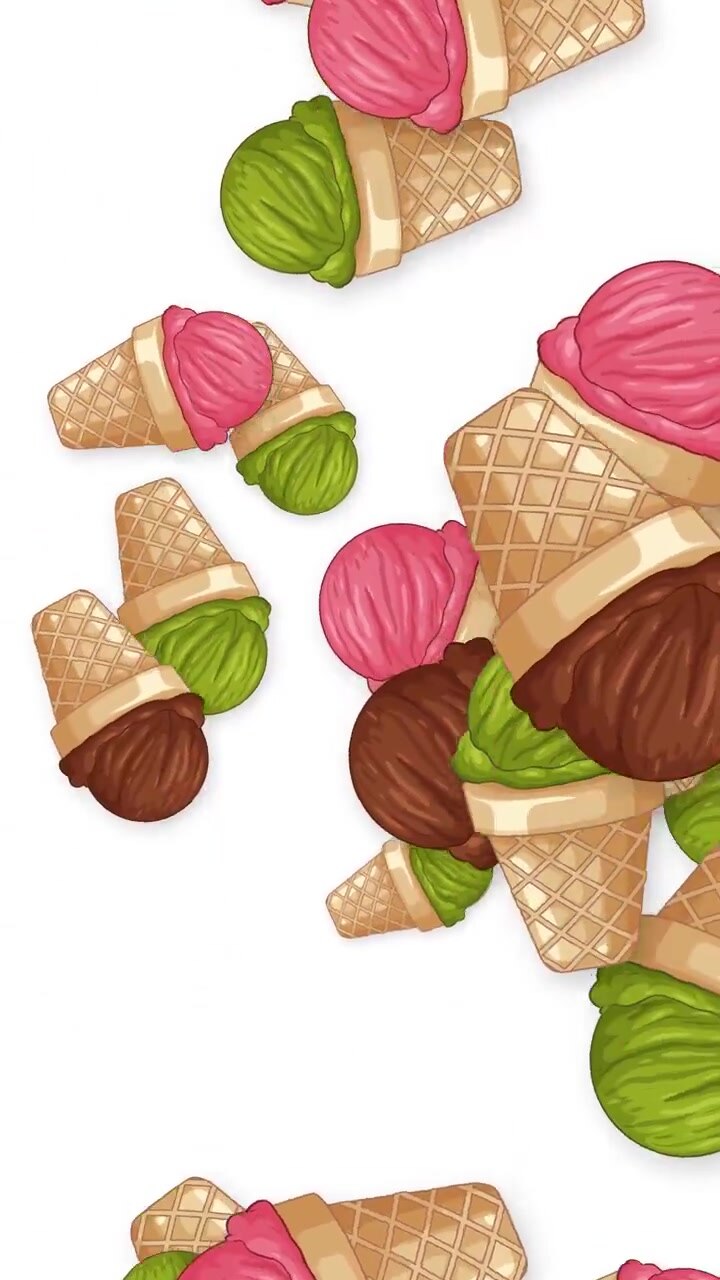 Coni gelato animati al cioccolato, fragola e pistacchio che esplodono e cadono su sfondo bianco