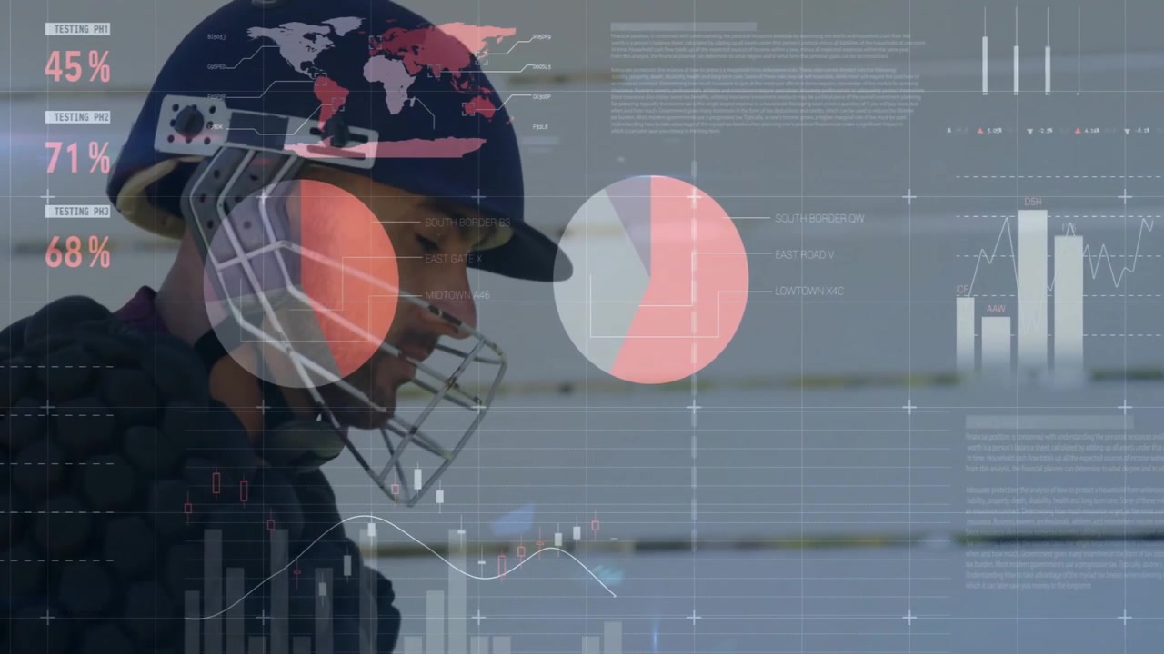 Koruyucu kask ve göğüs koruyucu giyen erkek sporcu, spor teknolojisi pasta ve çubuk grafiklerini ve dünya haritasını analiz ediyor.