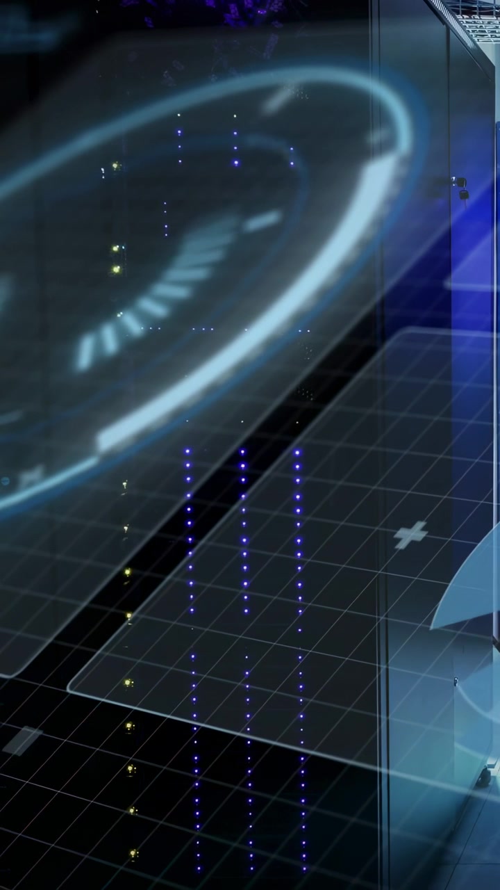 Video verticale: Avvio dell'HUD, quadrante rotante, luci blu che scendono, pannelli che scorrono, mostrando dati tecnologici