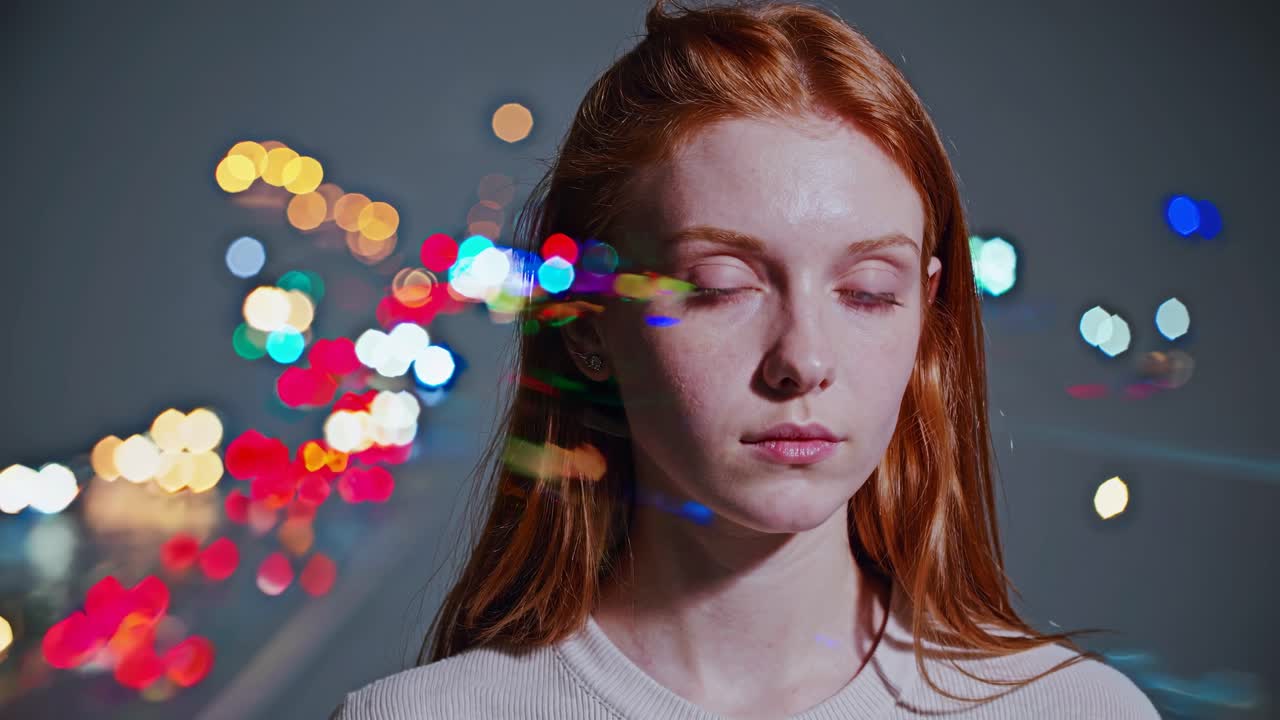 A creative video concept with a close-up angle of a woman, blending her portrait with colorful bokeh
