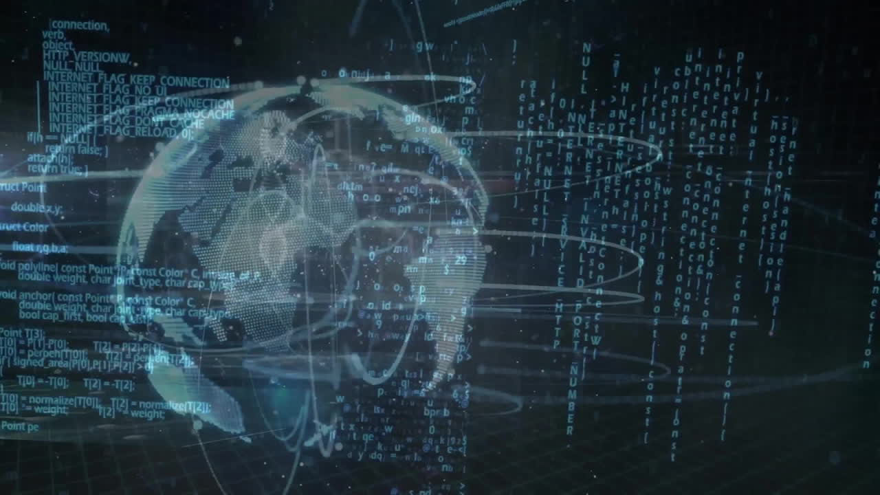 Animation of data processing and globe over black background