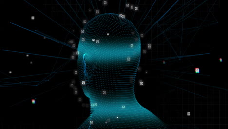 human head model spinning against network of connections on black background