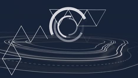 Scope scanning and triangles moving against topography on blue background