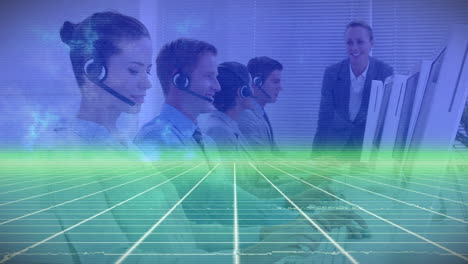animation of light and lines over business people wearing headsets