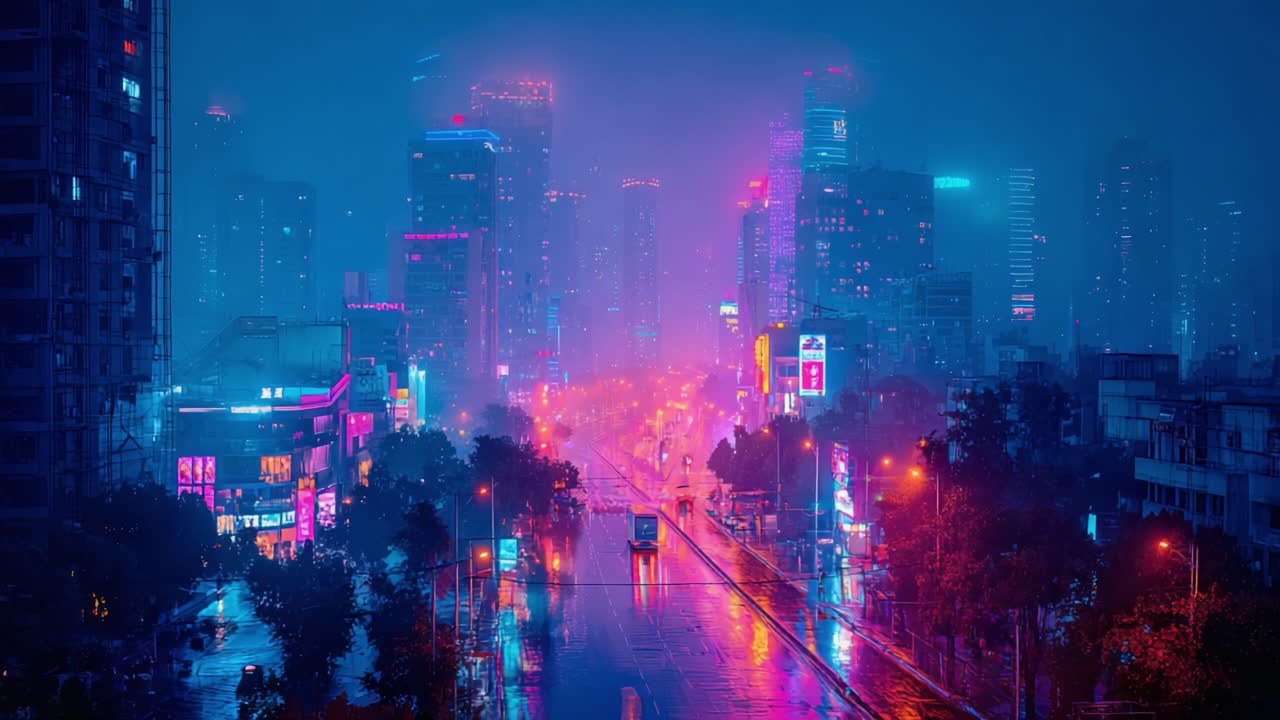 Un affascinante paesaggio notturno che mette in mostra una città vivace immersa nella pioggia, illuminata da luci al neon e avvolta in una nebbia suggestiva, evocando un senso di bellezza urbana futuristica