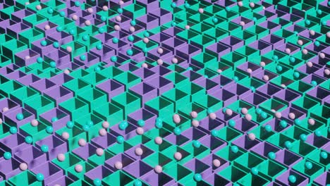 bolas multicolores y formas rectangulares. escena gráfica de movimiento geométrico renderizado en 3d abstracto con formas básicas. animación de bucle sin costuras contemporánea