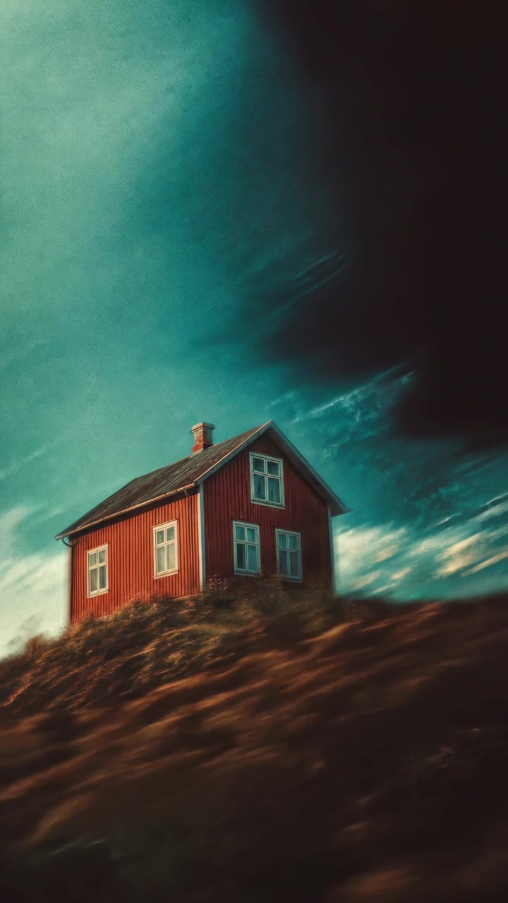 Rødt træhus på en bakke under en dramatisk himmel