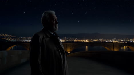 man in a trench coat standing on a bridge at night overlooking a city