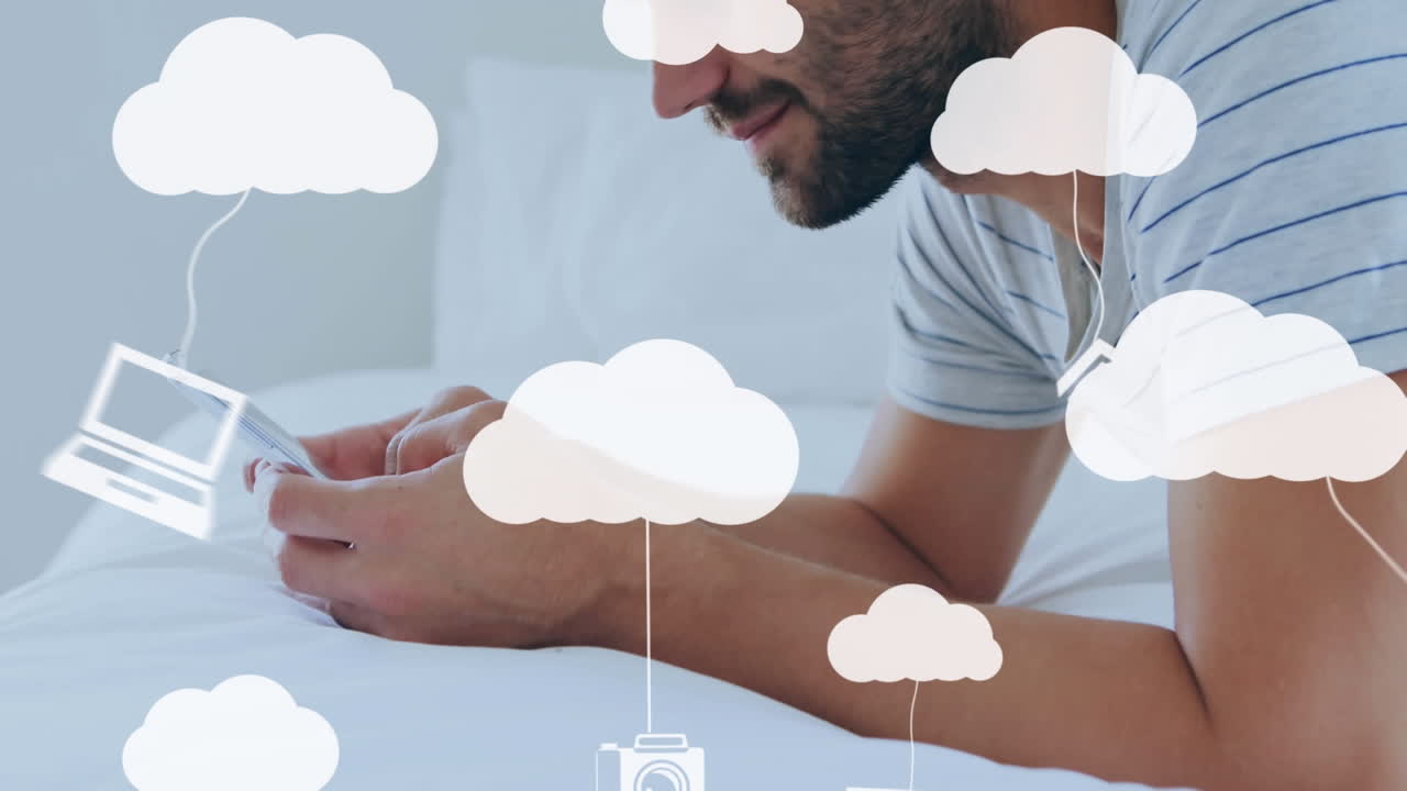 Animation of clouds and digital icons over man using smartphone