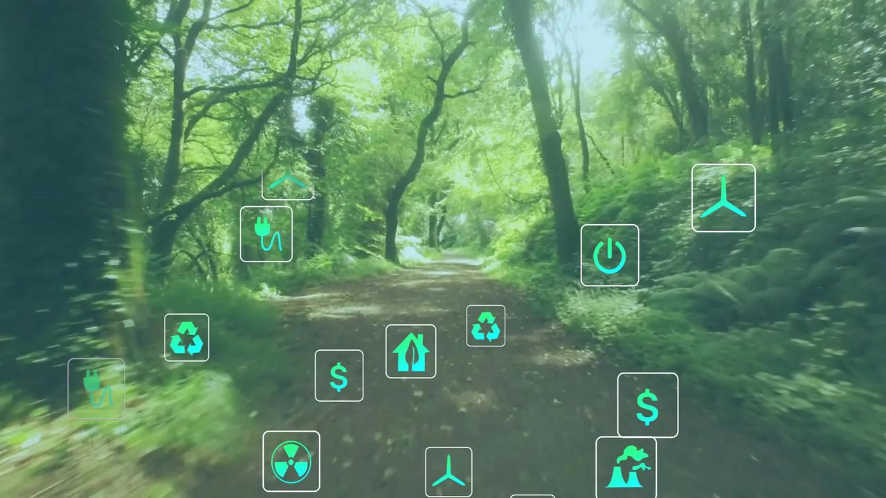 Telecamera POV che si muove lungo un sentiero, con icone ecologiche AR color verde acqua che si raggruppano, fluttuano e mostrano i costi energetici.